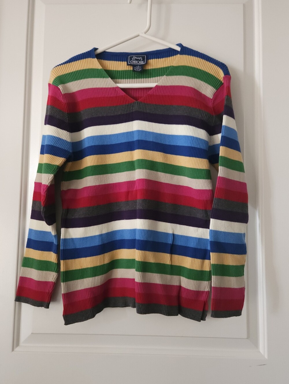Cherokee Striped V-Neck Sweater in Pink, Blue, Green, Yellow, White